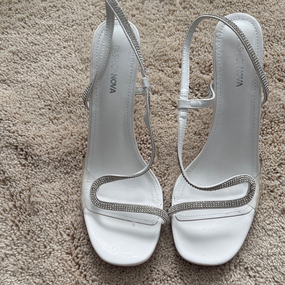 Fashion Nova Silver and White Strappy Heels